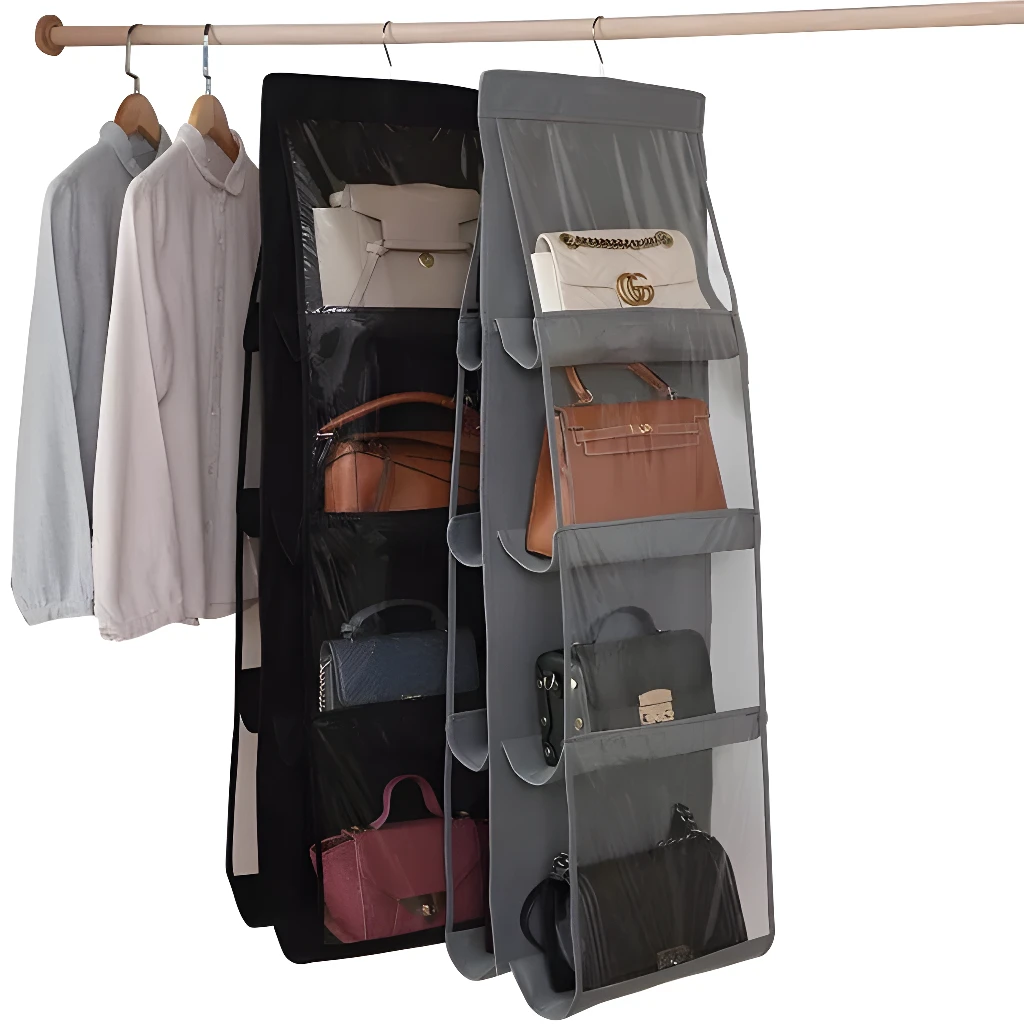Organizador de bolsos colgante de 4 niveles para armario, con diversos bolsos en compartimentos transparentes.