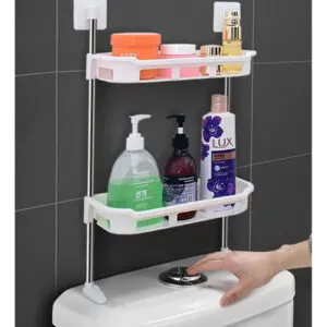 Estante organizador para baño, repisa multifuncional sobre inodoro con dispensadores y botellas.