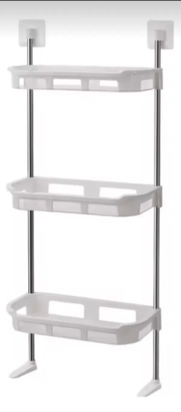 Organizador de baño y cocina de 3 niveles con soportes metálicos y estantes blancos, ideal para organizar.