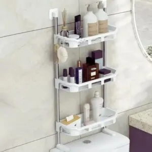 Organizador de baño de 3 niveles para inodoro, con botellas, perfumes, toallas de papel y cepillo.