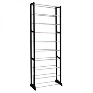 Zapatero organizador de 10 niveles en metal y plástico negro, con capacidad para 30 pares de zapatos.