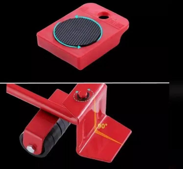 Palanca levanta muebles roja con 4 bases deslizantes giratorias para mover objetos pesados fácilmente.