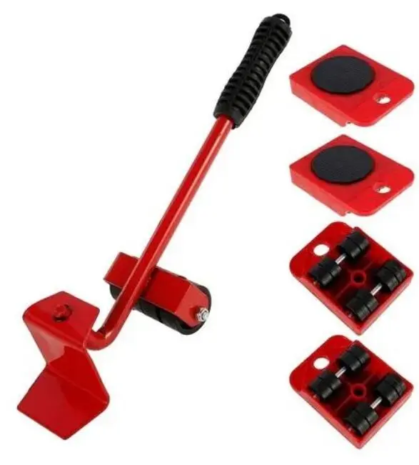 Palanca levanta muebles roja con 4 bases deslizantes con ruedas para mover objetos pesados fácilmente.
