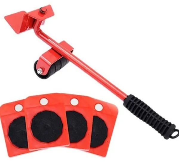 Palanca levanta muebles roja con 4 bases deslizantes para mover objetos pesados fácilmente.