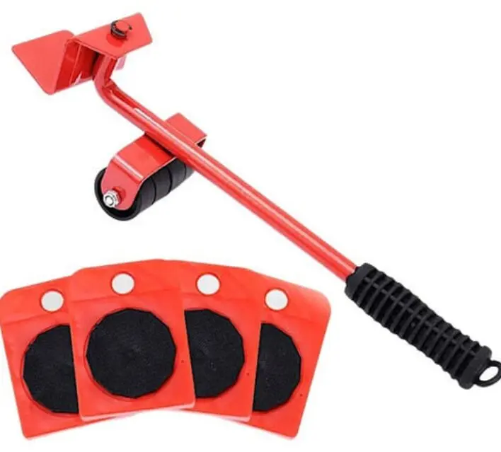 Palanca levanta muebles roja con 4 bases deslizantes para mover objetos pesados fácilmente.