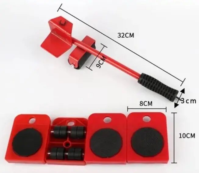 Palanca levanta muebles 32cm roja con 4 bases deslizantes de 10cm y 8cm para fácil traslado.