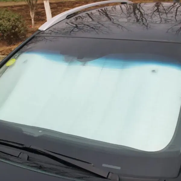 Parasol para carro gris claro cubriendo el parabrisas, reflejo de árboles en el techo del auto.
