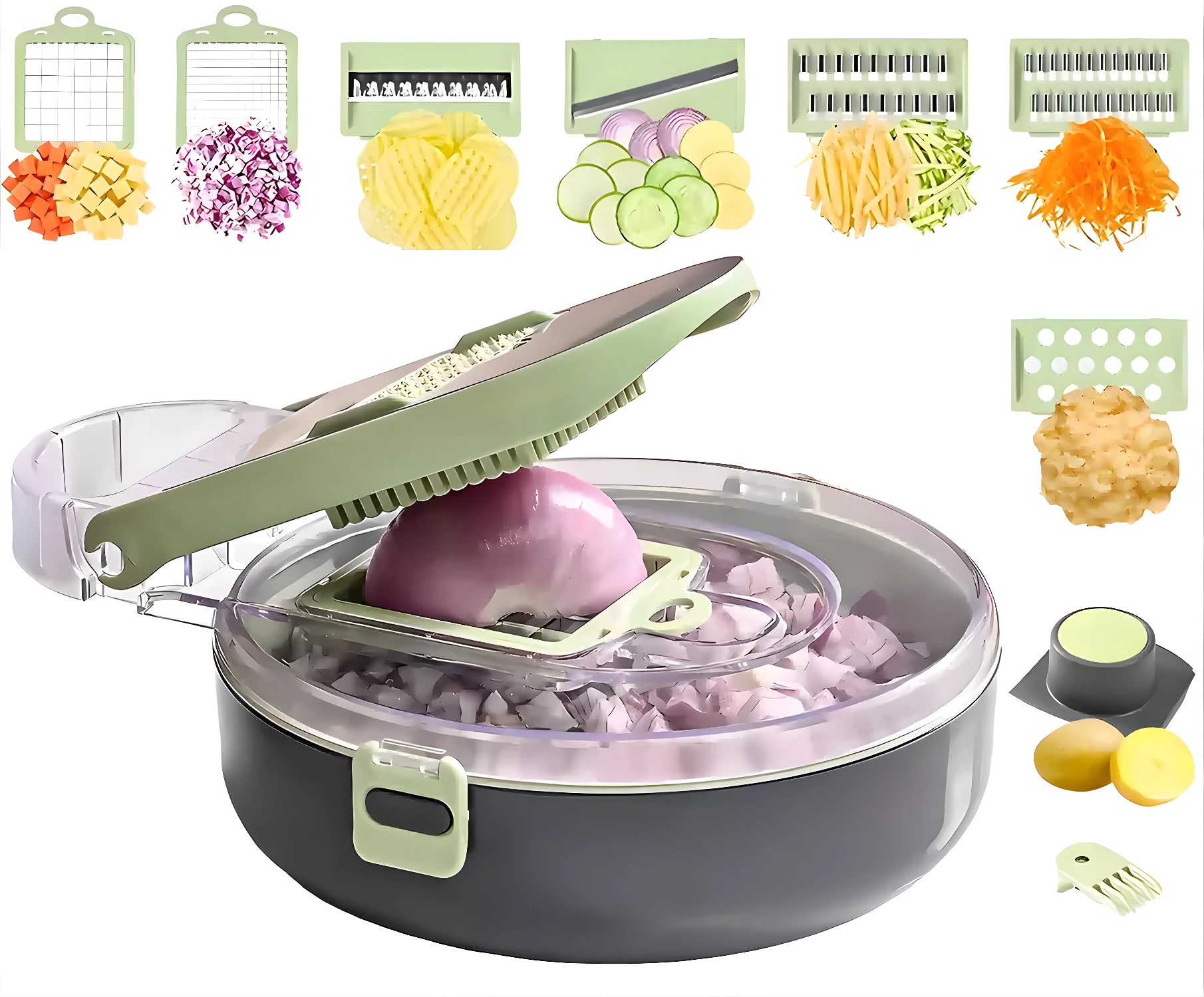 Picador de verduras multifuncional: corta cebolla, papa, zanahoria y más con 8 cuchillas.