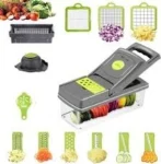 Picador de verduras 14 en 1 con varios accesorios de corte y recipiente, ideal para preparar ensaladas y comidas.
