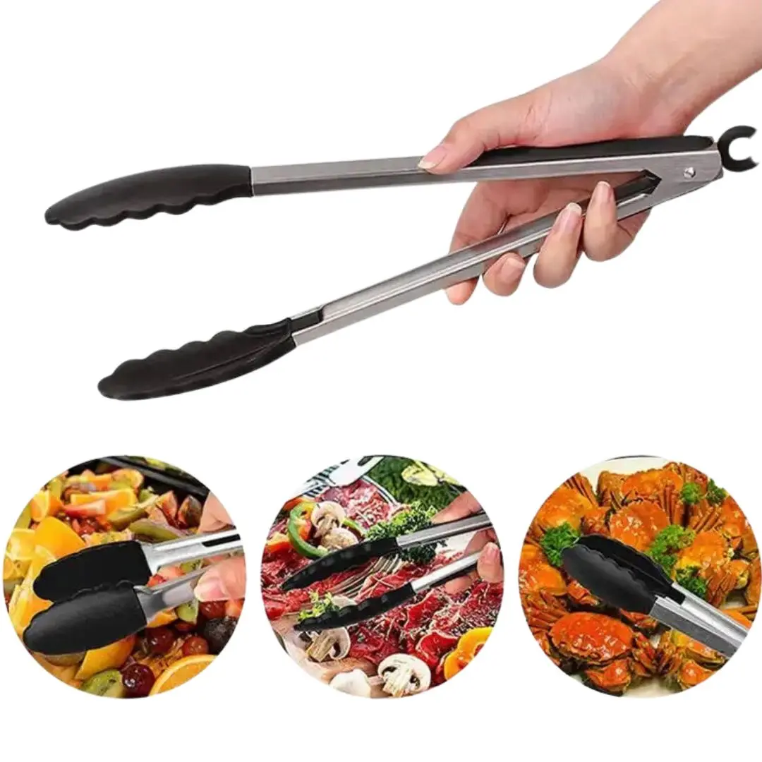 Pinzas de acero inoxidable para cocina, ideal para barbacoa, frutas y mariscos.