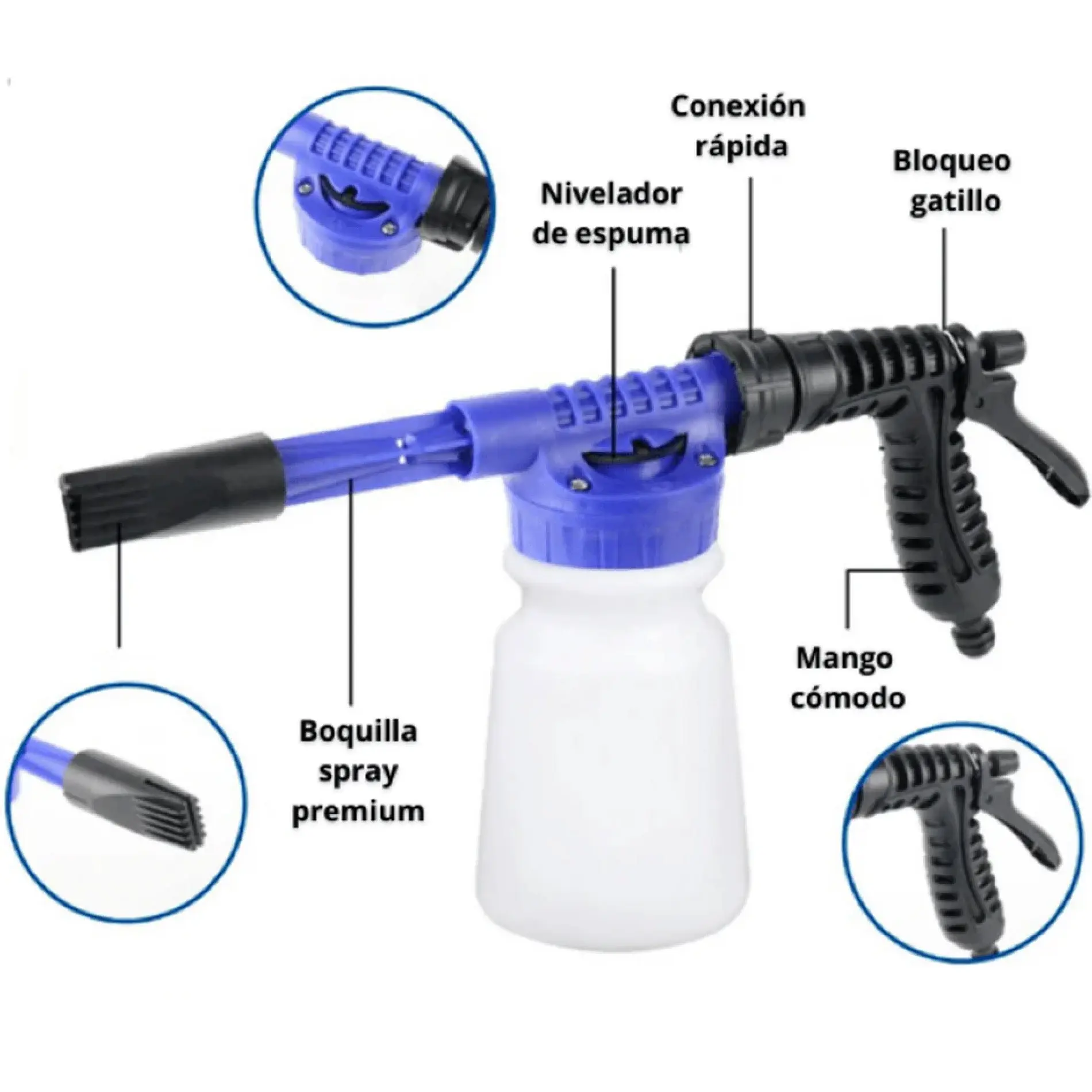 Pistola de agua a presión con gatillo y boquilla premium para lavado de autos a espuma.
