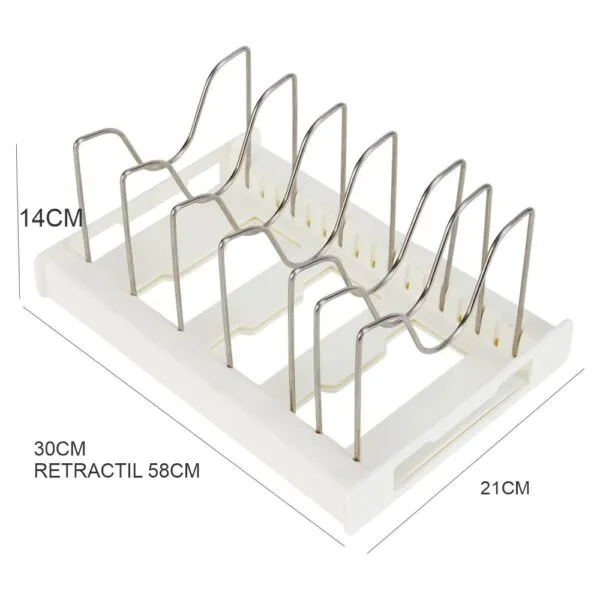 Platero graduable retráctil para loza y ollas, organizador de cocina extensible de 30 a 58 cm.