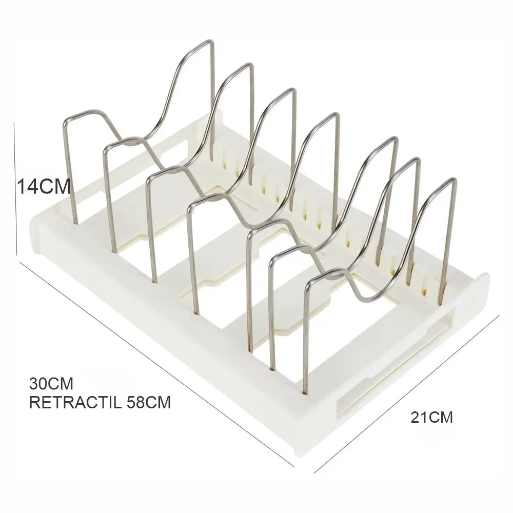 Platero graduable retráctil para loza y ollas, organizador de cocina extensible de 30 a 58 cm.