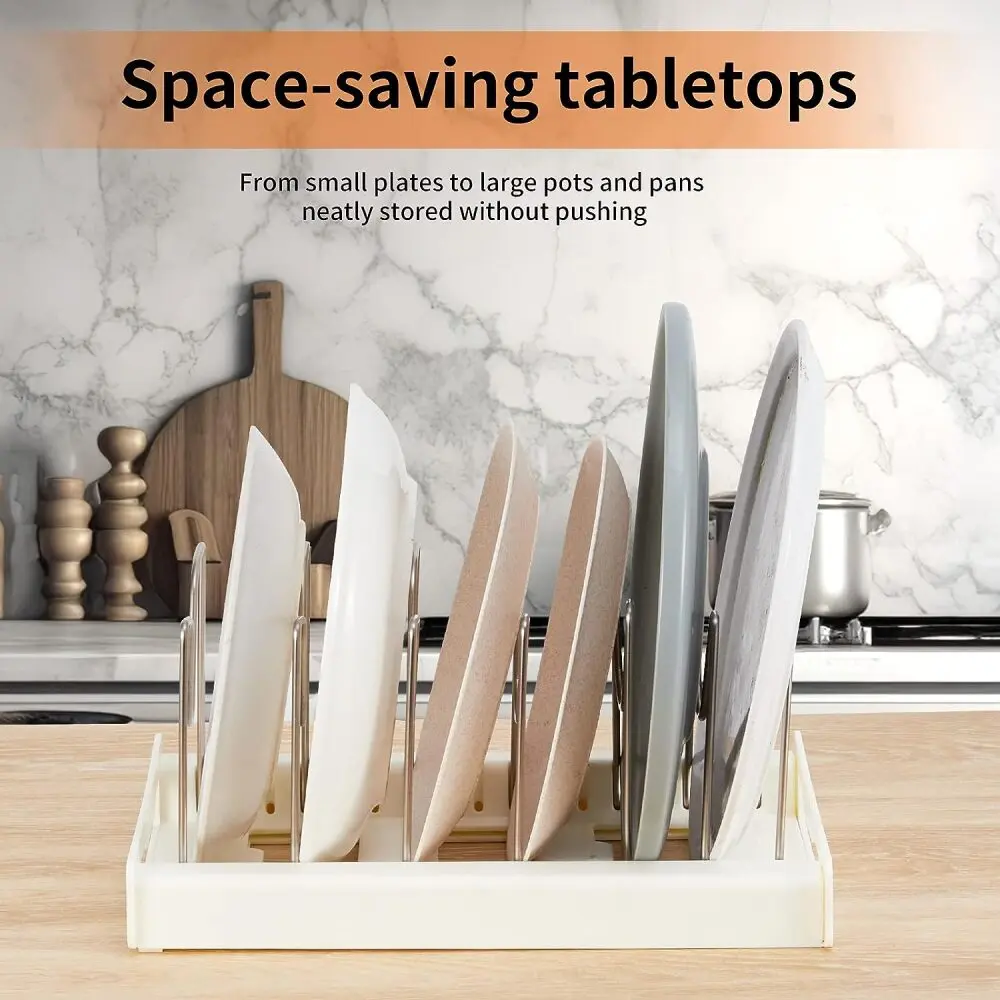 Platero graduable retráctil organizador para loza y ollas, ahorra espacio en tu cocina.