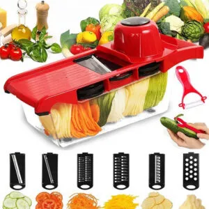 Picador y rallador multifuncional 6 en 1 con accesorios para vegetales y patatas.