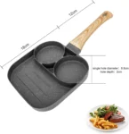 Sartén antiadherente de 3 secciones con mango de madera, perfecta para freír huevos y carnes.