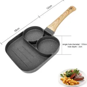 Sartén antiadherente de 3 secciones con mango de madera, perfecta para freír huevos y carnes.