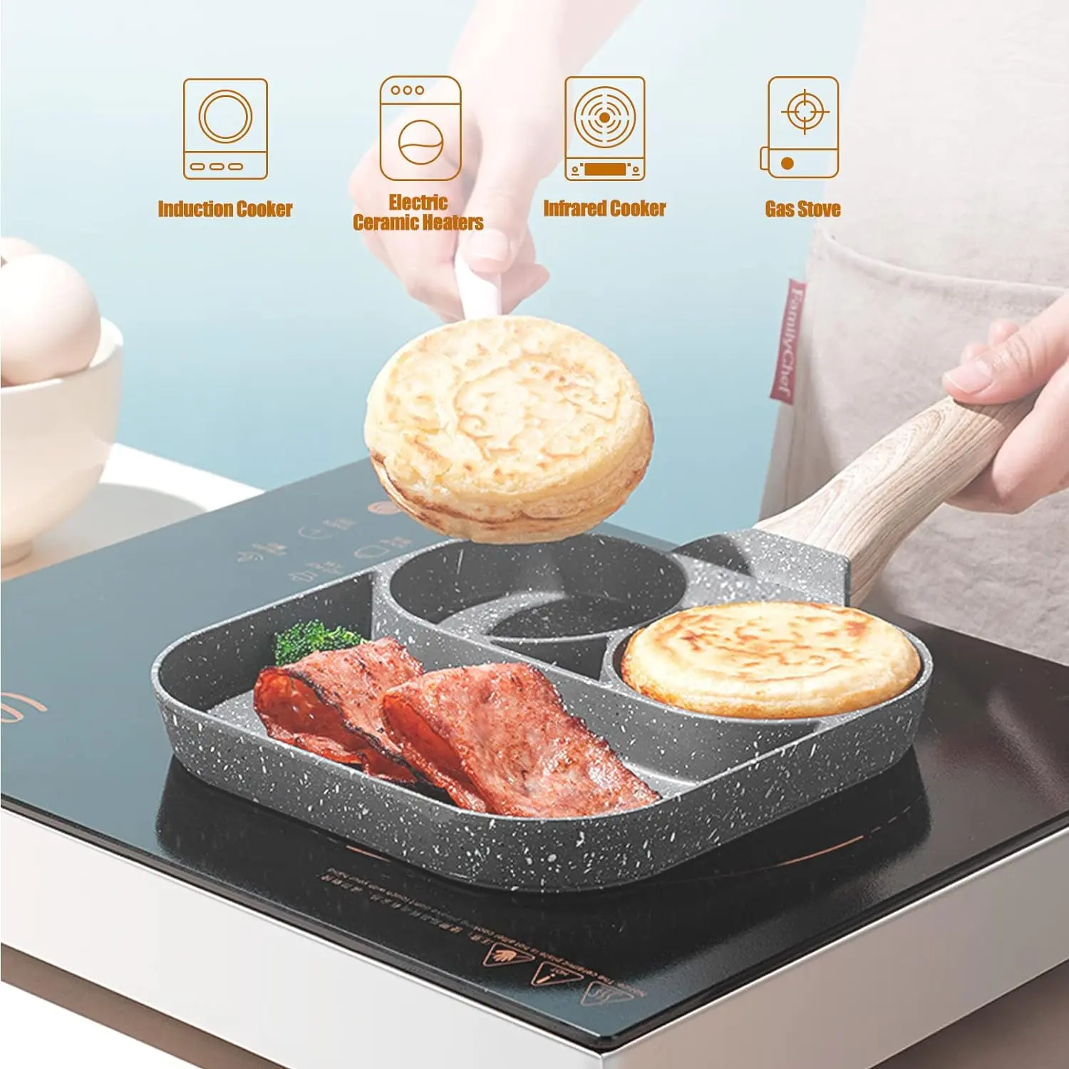 Sartén antiadherente de 3 secciones para cocinar huevos, tocino y tortitas en estufa de inducción.