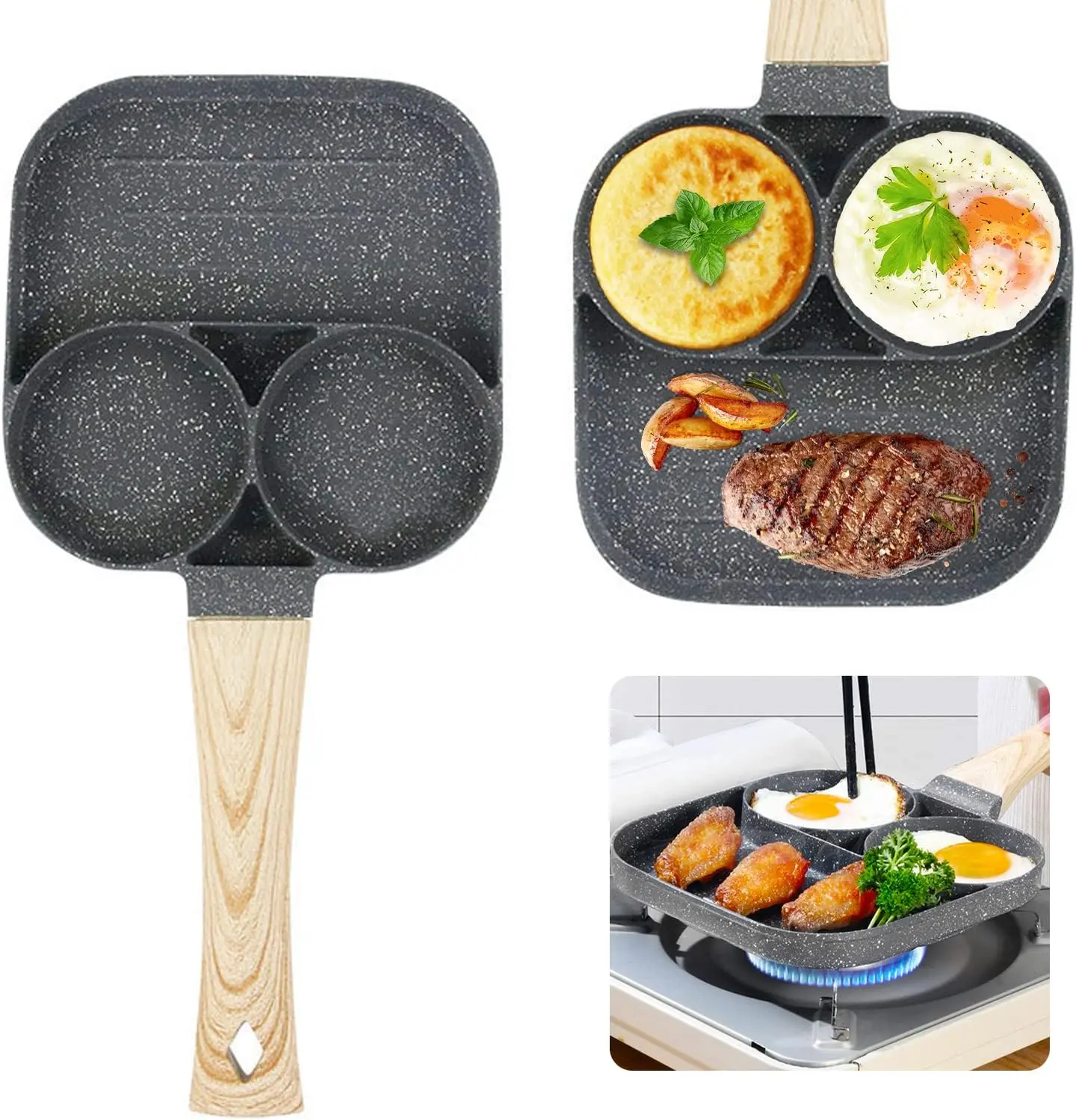 Sartén antiadherente de 3 secciones para freír huevos, panqueques y tocino con mango de madera.