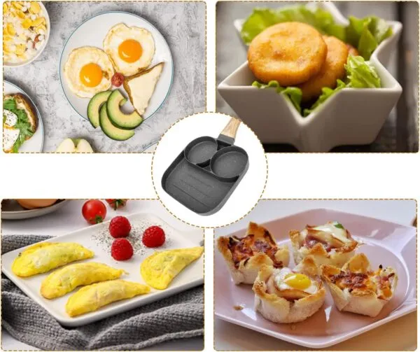 Sartén antiadherente con 3 secciones para cocinar huevos, tortillas y más.