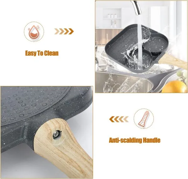 Sartén multiuso antiadherente de 3 secciones, fácil de limpiar con mango anti-escaldante.