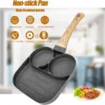 Sartén multiuso antiadherente de 3 secciones con mango de madera para desayunos rápidos y comidas fáciles de limpiar.