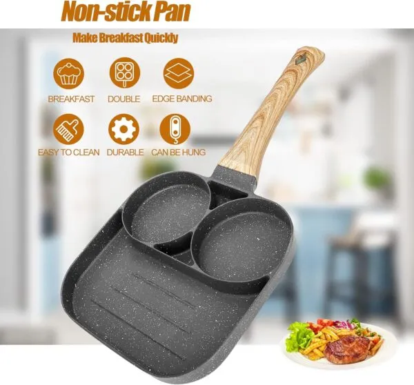 Sartén multiuso antiadherente de 3 secciones con mango de madera para desayunos rápidos y comidas fáciles de limpiar.