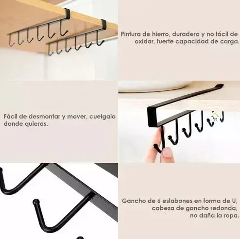 Set x4 ganchos cuelga tazas negro para colgar bajo mueble. Diseño duradero y sin óxido.