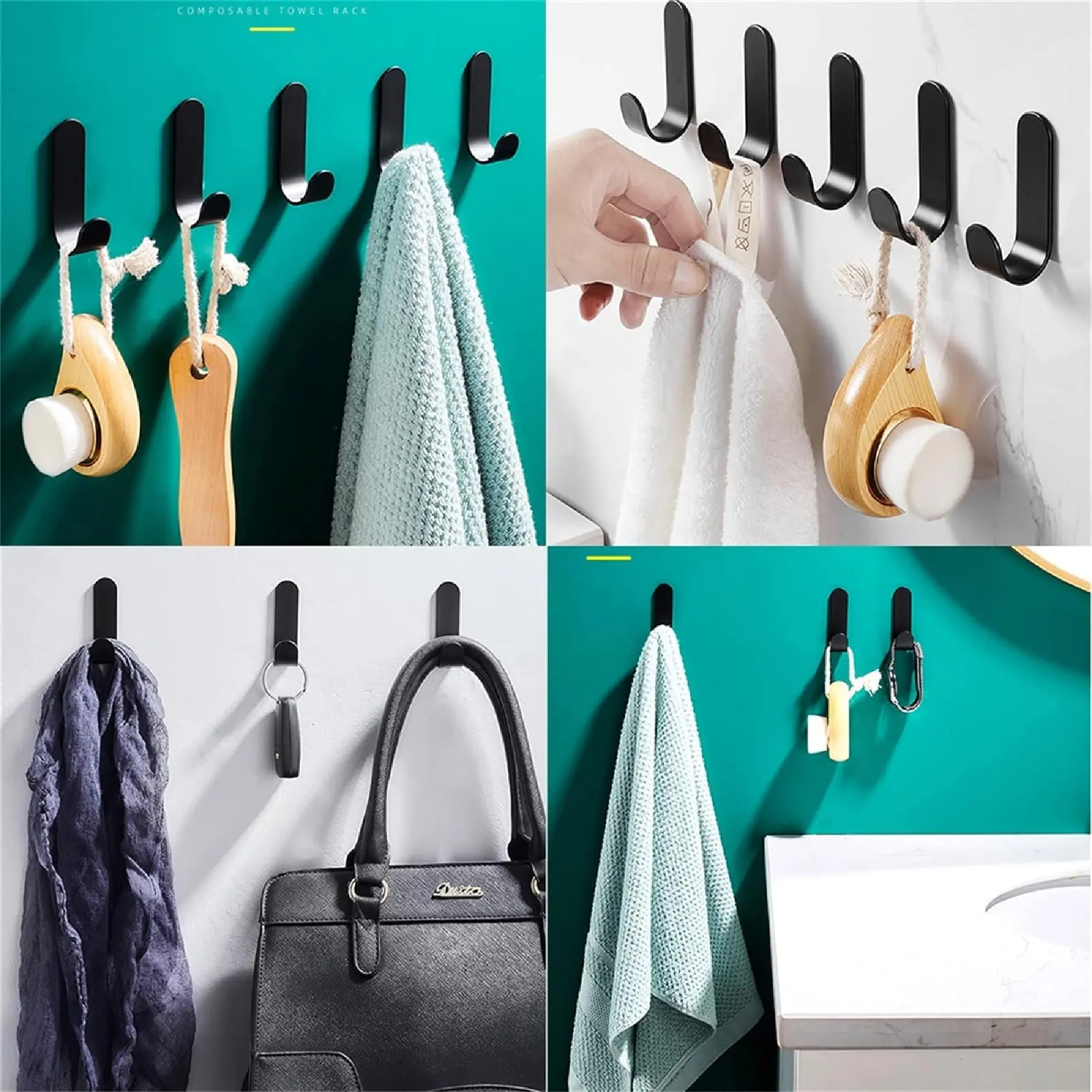 Set x10 ganchos adhesivos acero inoxidable negros para colgar toallas, ropa, llaves y accesorios en pared.