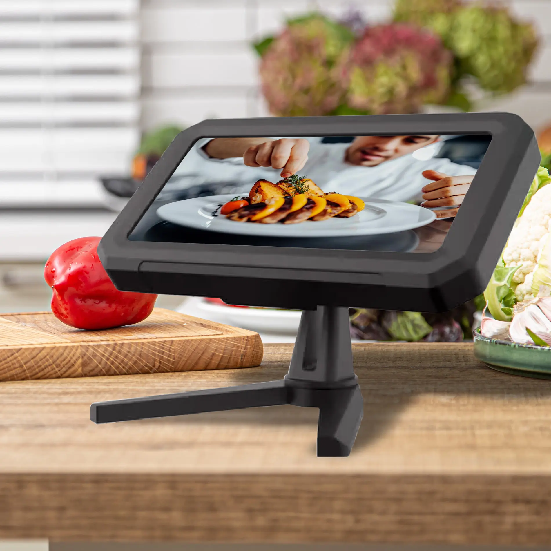 Soporte rotatorio 360° para celular con pantalla impermeable, ideal para cocina.