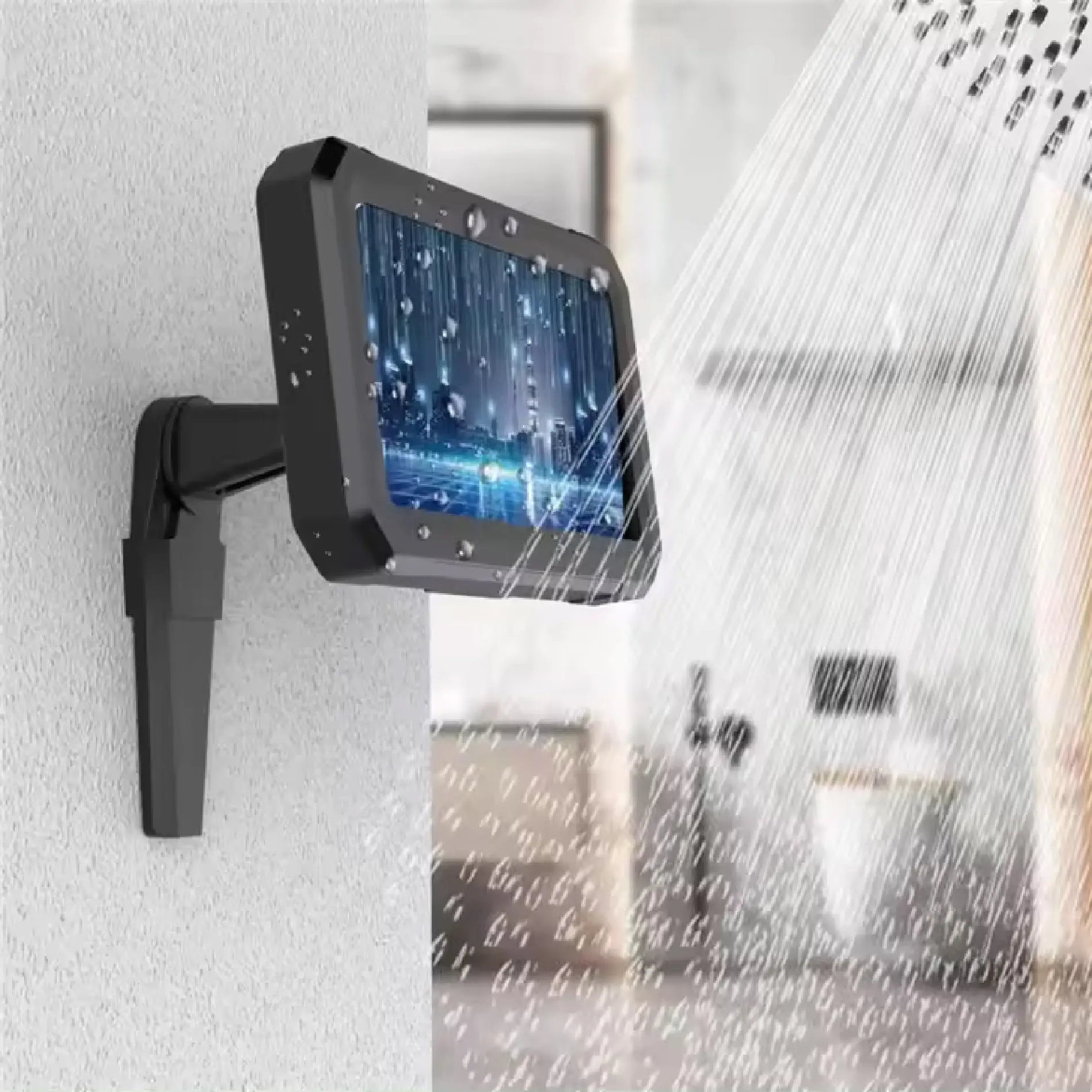 Soporte rotativo 360° para celular impermeable en ducha, muestra pantalla de ciudad.