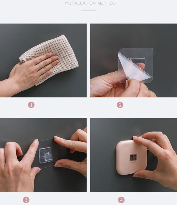 Manos instalando soporte de secador de pelo multifuncional en pared.