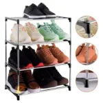 Zapatero organizador metálico 4 niveles con tenis negros, verdes, café y beige.