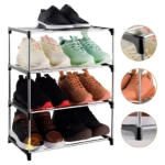 Zapatero organizador metálico de 4 niveles con tenis y zapatillas en cada estante.