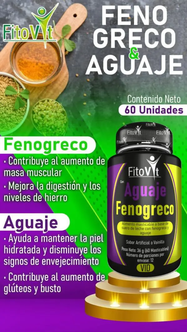 FitoVit Aguaje y Fenogreco: 60 unidades para aumentar masa muscular y mejorar piel.