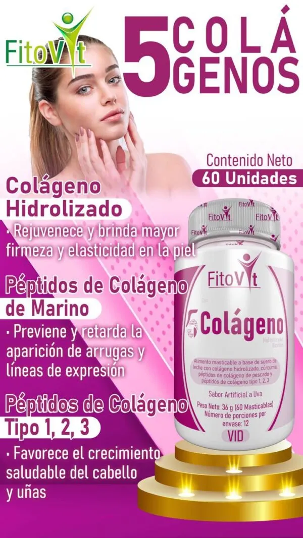 5 Colágenos Fitovit en envase con 60 unidades, ideal para piel, cabello y uñas.