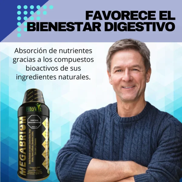 Hombre sonriente con producto MegaBriom 1000ml Fitovit, ideal para el bienestar digestivo.