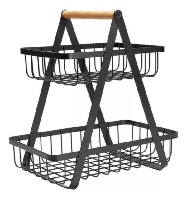 Organizador de frutas de 2 niveles negro con agarradera de madera.