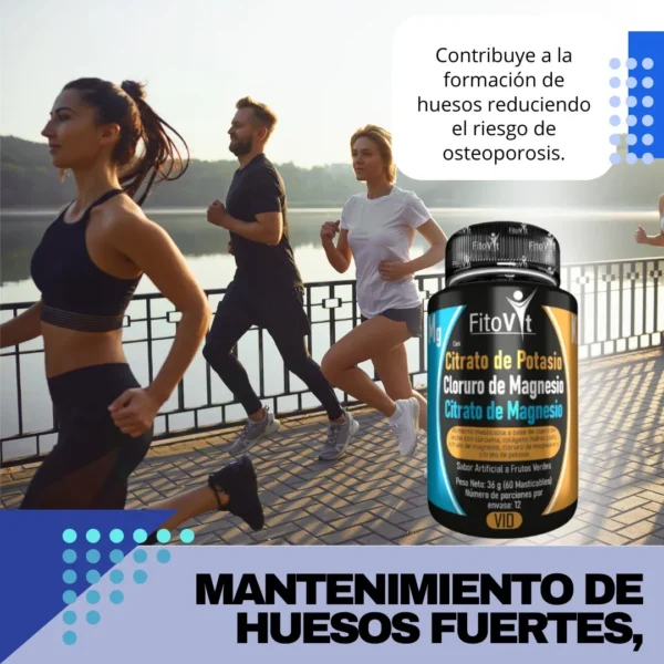Personas corriendo al aire libre junto a un frasco de FitoVit Citrato de Magnesio, Cloruro de Magnesio y Citrato de Potasio.