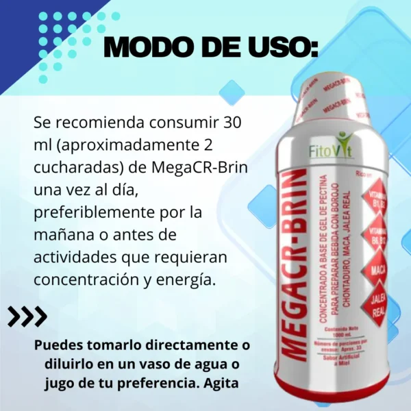 Mega CR-Brin: suplemento con borojo, maca y jalea real para energía y concentración.