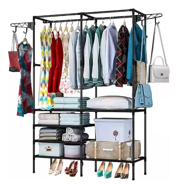 Closet esqueleto organizador doble con ropa, bolsos y zapatos, ideal para ropa y accesorios.