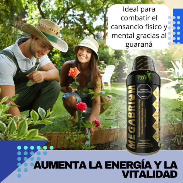 MegaBriom 1000ml Fitovit: pareja cuidando jardín, aumenta energía y vitalidad con guaraná.