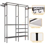 Closet Esqueleto Doble Multifuncional: barras ajustables, tejidos lavables y tubos engrosados.