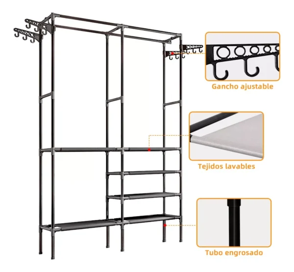 Closet Esqueleto Doble Multifuncional: barras ajustables, tejidos lavables y tubos engrosados.