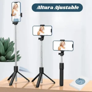 Trípode extensible para celulares y cámaras con pantalla de mujer sonriendo, altura ajustable.