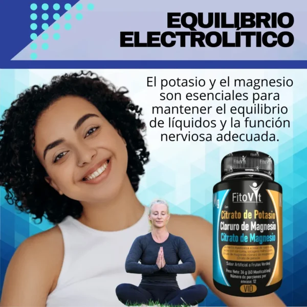 Fitovit Citrato de Magnesio, Cloruro de Magnesio y Citrato de Potasio, 60 unidades, esencial para equilibrio de líquidos y f…