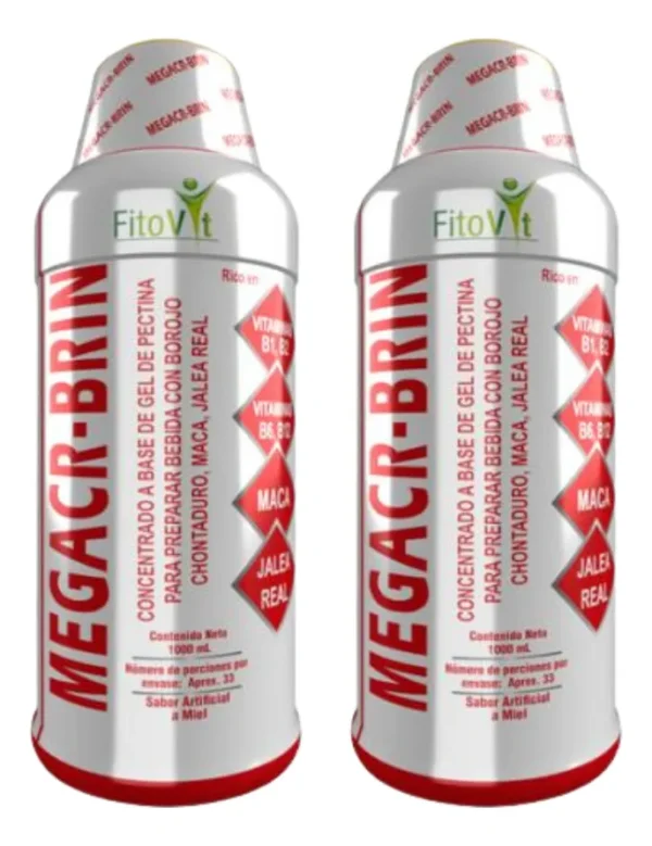Mega CR-Brin: suplemento nutricional FitoVit con borojo, chontaduro, maca y jalea real en botellas.