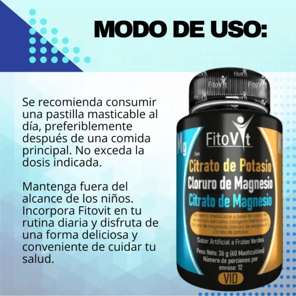 Citrato de Magnesio, Cloruro de Magnesio y Citrato de Potasio Fitovit, 60 masticables.