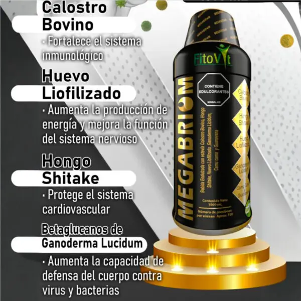 MegaBriom 1000ml Fitovit: suplemento con calostro bovino, huevo liofilizado, hongo shiitake y ganoderma lucidum.