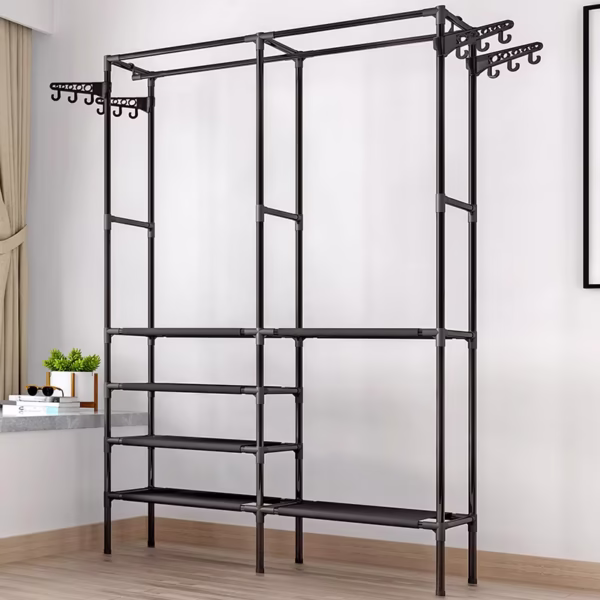 Closet esqueleto doble multifuncional organizador con colgadores y estantes, ideal para ropa.